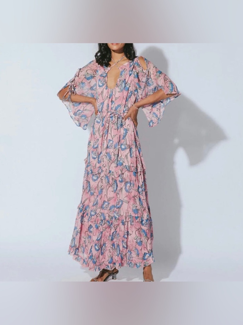 Cleobella Elena Ankle Dress in a pink and blue lotus print. Size Medium